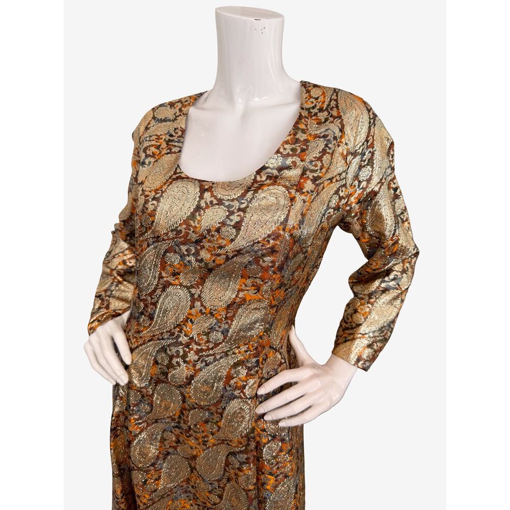 Vintage 60's 70's Metallic Brocade Paisley A-Line Hostess Maxi Dress - Picture 3 of 7